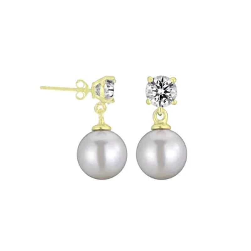 Lab Created Sterling Silver with Clear Cubic Zirconia & White Pearl Drop Earrings