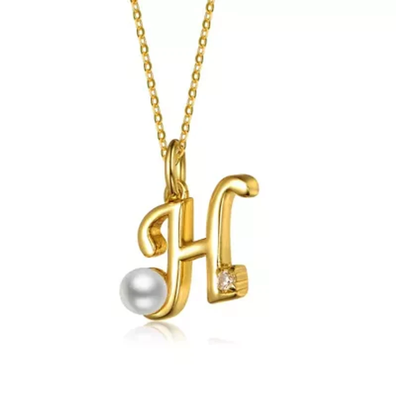 Lab Created Kids/Teens Personalized 14K Gold Plated with Initial Pearl Pendant Necklace