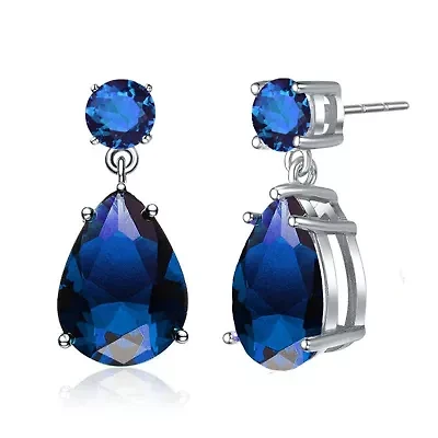 Lab Created Sterling Silver White Gold Plating with Colored Oval Shaped Cubic Zirconia Accent Drop Earrings