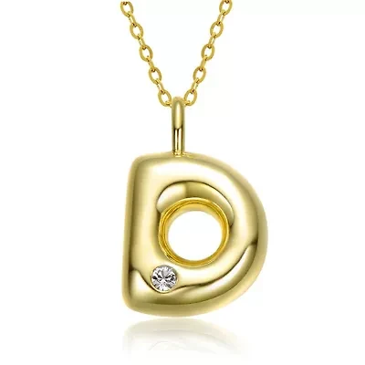 Lab Created 14K Gold Plated with Clear Cubic Zirconia Initial Pendant Bubble Letter Necklace
