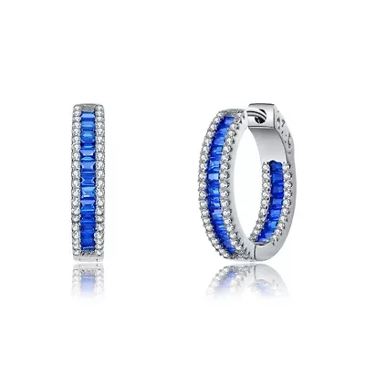 Lab Created Sterling Silver with Colored Baguette Cubic Zirconia Hoop Earrings