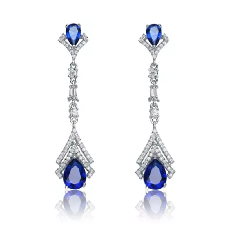Lab Created Sterling Silver White Gold Plated with Colored Cubic Zirconia Double Haloed Drop Earrings