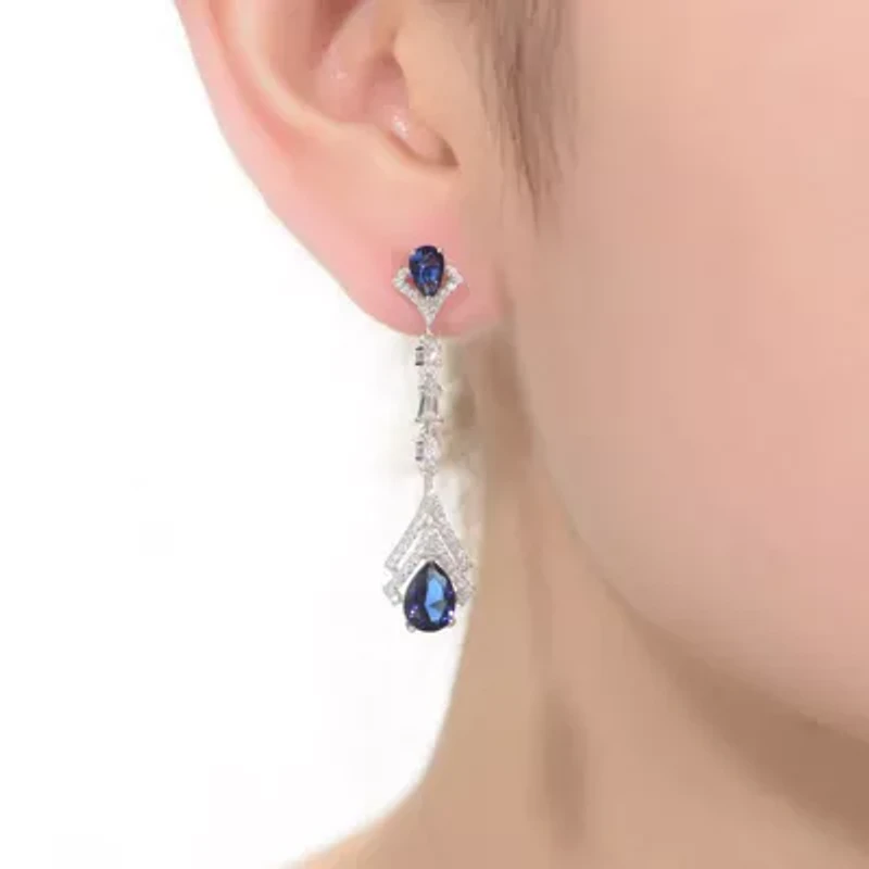 Lab Created Sterling Silver White Gold Plated with Colored Cubic Zirconia Double Haloed Drop Earrings