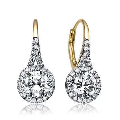 Lab Created Sterling Silver with Clear Round Cubic Zirconia Halo Drop Earrings