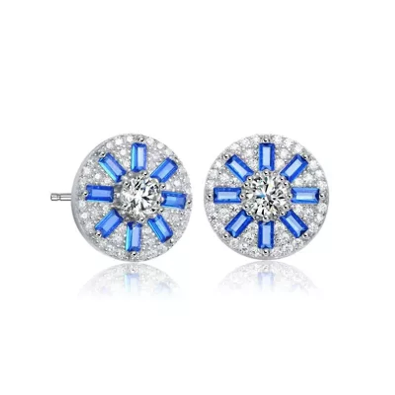 Lab Created Sterling Silver White Gold Plated with Colored Baguette & Round Cubic Zirconia Stud Earrings