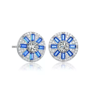 Lab Created Sterling Silver White Gold Plated with Colored Baguette & Round Cubic Zirconia Stud Earrings