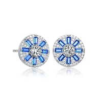 Lab Created Sterling Silver White Gold Plated with Colored Baguette & Round Cubic Zirconia Stud Earrings