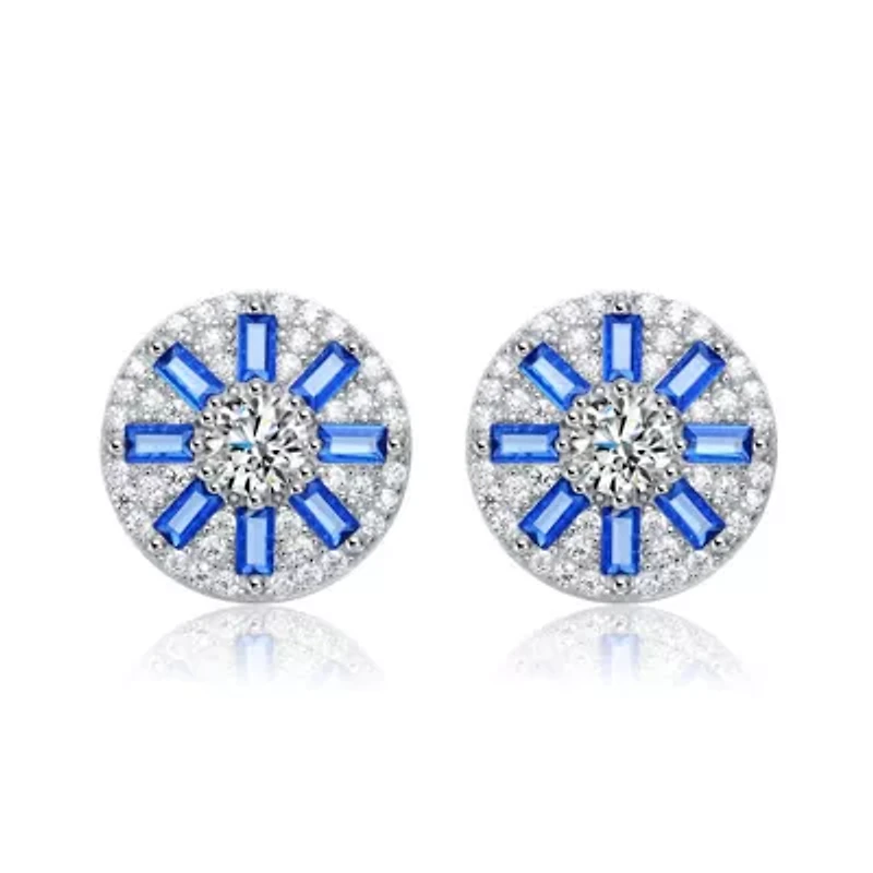 Lab Created Sterling Silver White Gold Plated with Colored Baguette & Round Cubic Zirconia Stud Earrings