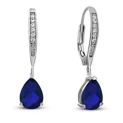 Lab Created Sterling Silver White Gold Plating with Colored Cubic Zirconia Teardrop Leaver Back Earrings