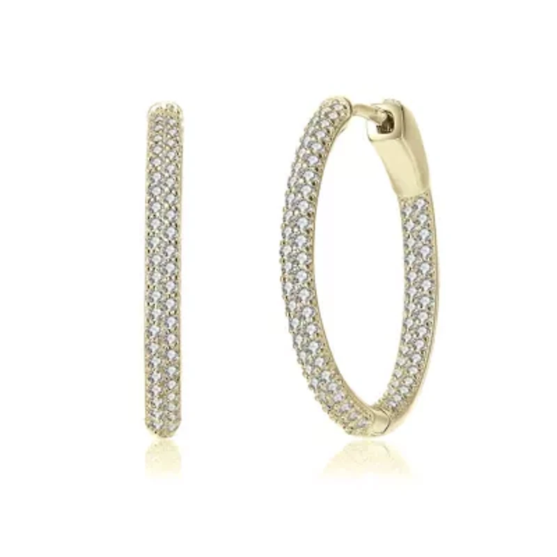 Lab Created Sterling Silver with Clear Cubic Zirconia Encrusted Thin Hoop Earrings