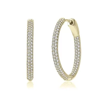 Lab Created Sterling Silver with Clear Cubic Zirconia Encrusted Thin Hoop Earrings