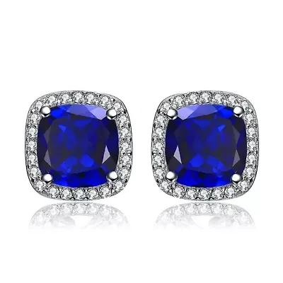 Lab Created Sterling Silver White Gold Plated with Colored Cubic Zirconia Halo Stud Earrings
