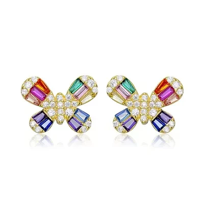 Lab Created Sterling Silver with Colored Cubic Zirconia Butterfly Stud Earrings for Kids/Teens
