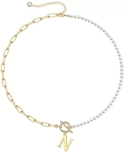 Lab Created 14K Gold Plated Initial Imitation Pearl Link Chain Necklace