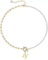 Lab Created 14K Gold Plated Initial Imitation Pearl Link Chain Necklace