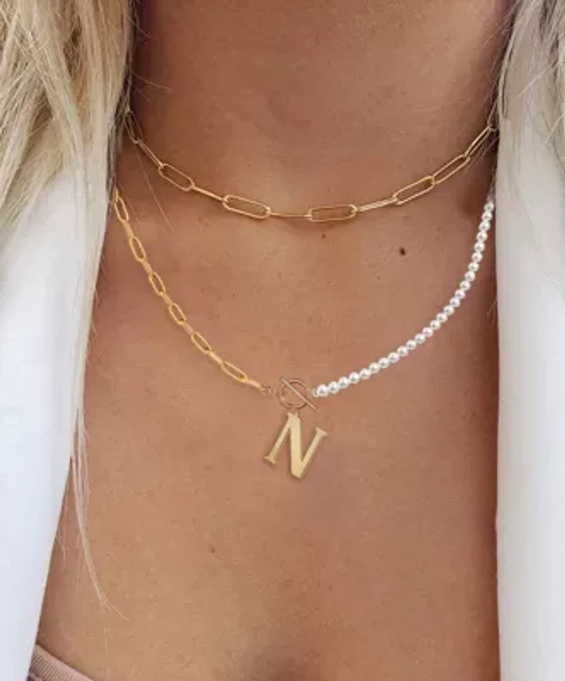 Lab Created 14K Gold Plated Initial Imitation Pearl Link Chain Necklace