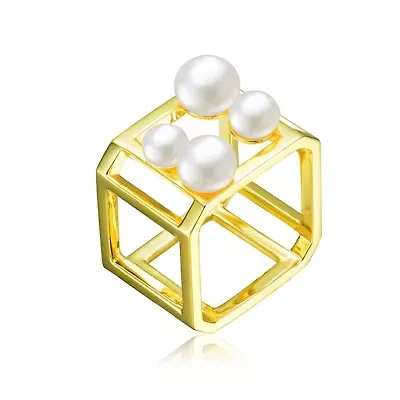 Lab Created Sterling Silver 14K Gold Plated with Genuine Freshwater Pearl Hollow Cube Geometric Ring