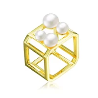 Lab Created Sterling Silver 14K Gold Plated with Genuine Freshwater Pearl Hollow Cube Geometric Ring