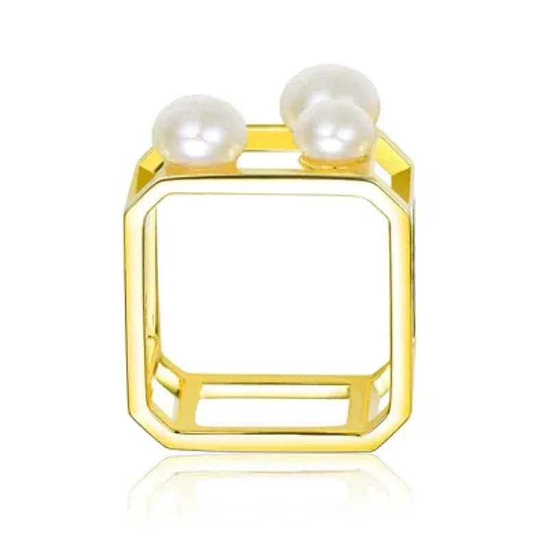 Lab Created Sterling Silver 14K Gold Plated with Genuine Freshwater Pearl Hollow Cube Geometric Ring