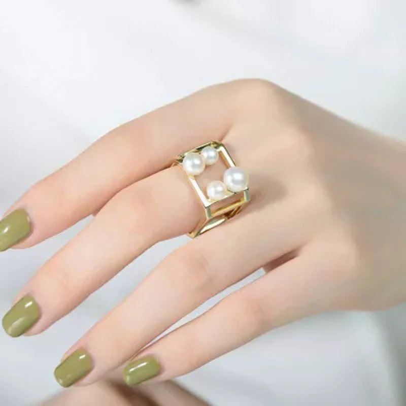 Lab Created Sterling Silver 14K Gold Plated with Genuine Freshwater Pearl Hollow Cube Geometric Ring