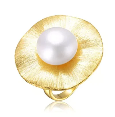 Lab Created Sterling Silver 14K Gold Plated with Genuine Freshwater Pearl Floral Ring