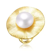 Lab Created Sterling Silver 14K Gold Plated with Genuine Freshwater Pearl Floral Ring