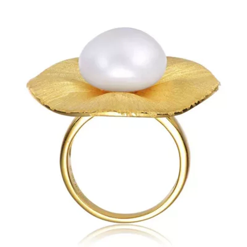 Lab Created Sterling Silver 14K Gold Plated with Genuine Freshwater Pearl Floral Ring