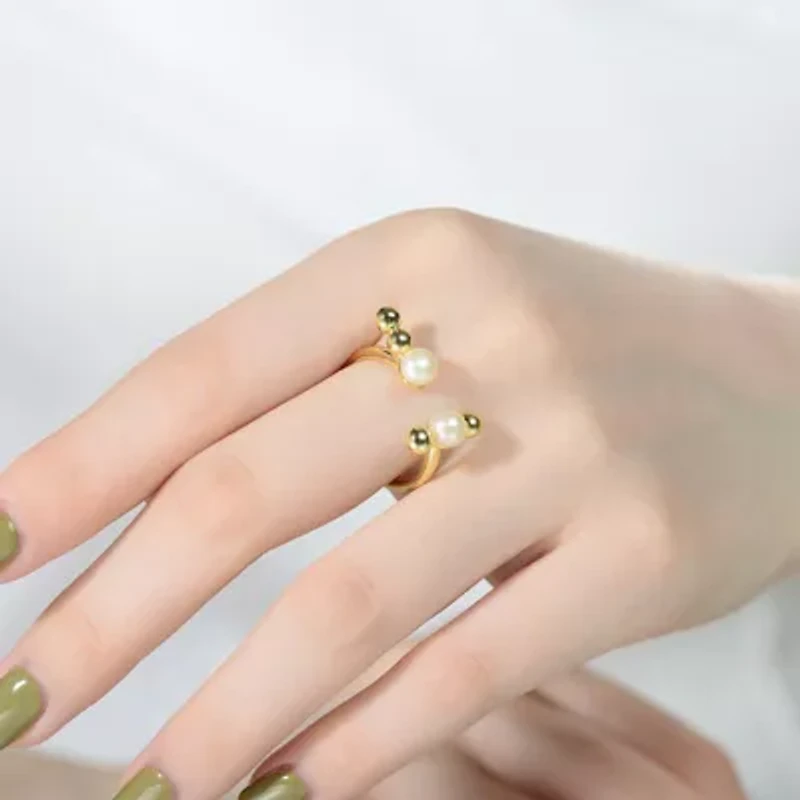 Lab Created Sterling Silver 14K Gold Plated with White 5MM freshwater Pearls Modern Ring