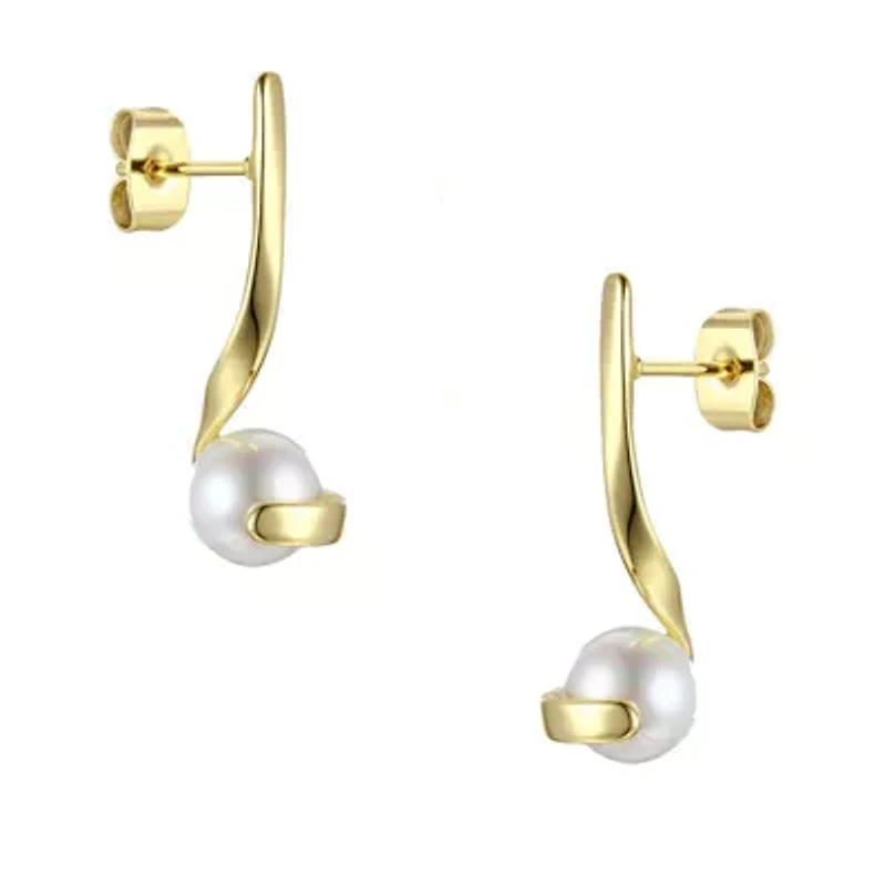 Lab Created Sterling Silver with White Freshwater Pearl Ribbon Swirl Dangle Drop Earrings