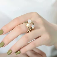 Lab Created Sterling Silver 14K Gold Plated with White Freshwater Pearls Open Design Ring