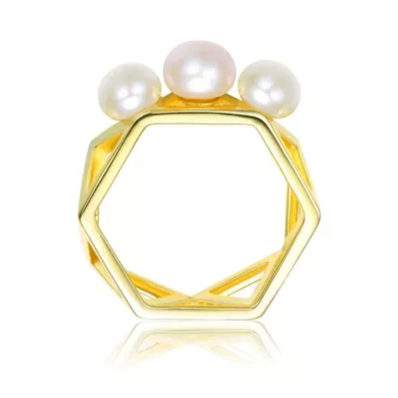 Lab Created Sterling Silver 14K Gold Plated with White 6-6.5MM Freshwater Pearls Triangles Geometric Ring