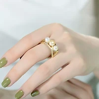 Lab Created Sterling Silver 14K Gold Plated with White 6-6.5MM Freshwater Pearls Triangles Geometric Ring