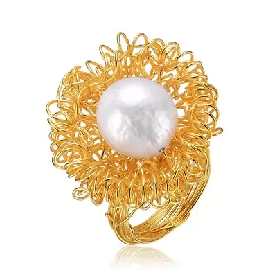 Lab Created Sterling Silver 14K Gold Plated with White 14MM Genuine Freshwater Pearl Ring
