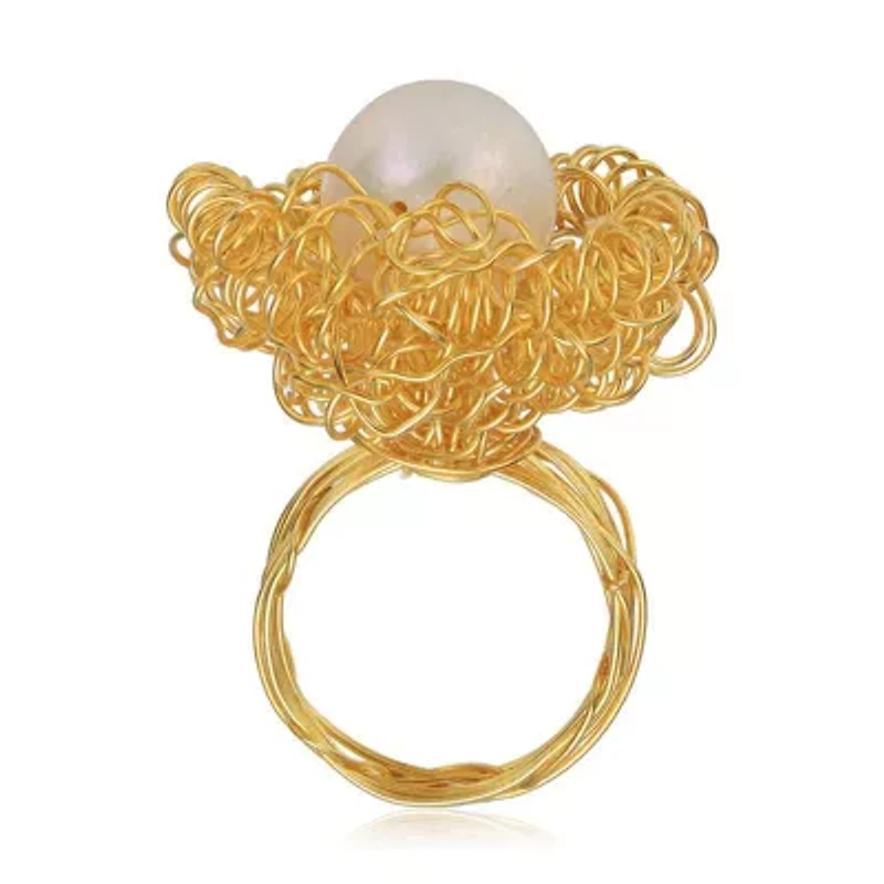 Lab Created Sterling Silver 14K Gold Plated with White 14MM Genuine Freshwater Pearl Ring