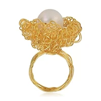 Lab Created Sterling Silver 14K Gold Plated with White 14MM Genuine Freshwater Pearl Ring