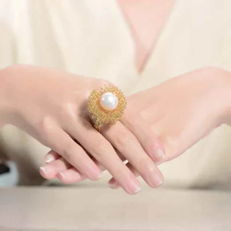 Lab Created Sterling Silver 14K Gold Plated with White 14MM Genuine Freshwater Pearl Ring