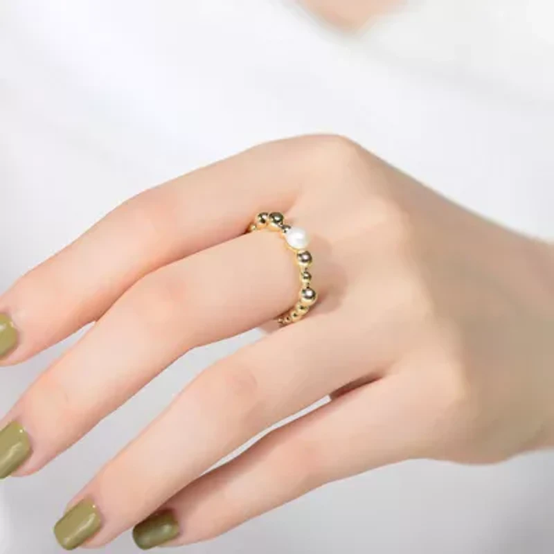 Lab Created Sterling Silver 14K Gold Plated with White 4.5MM Fresh Water Pearl Ring