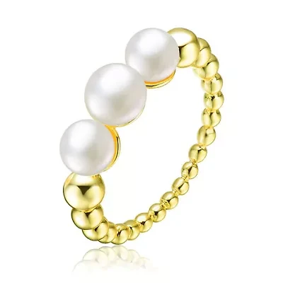 Lab Created Sterling Silver 14K Gold Plated with White 4.5MM 3 Freshwater Pearls Ring