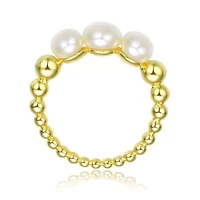 Lab Created Sterling Silver 14K Gold Plated with White 4.5MM 3 Freshwater Pearls Ring
