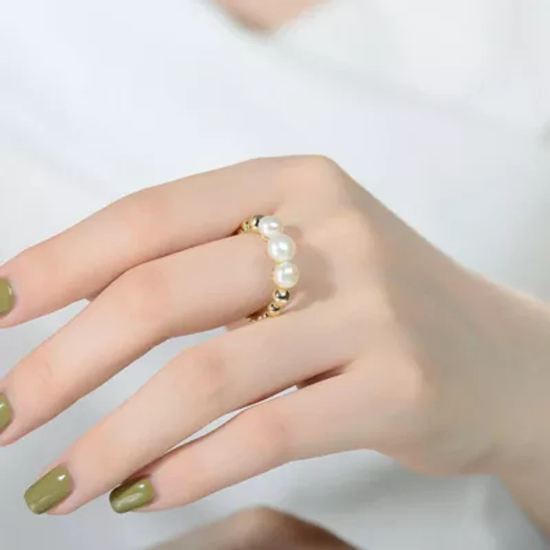 Lab Created Sterling Silver 14K Gold Plated with White 4.5MM 3 Freshwater Pearls Ring