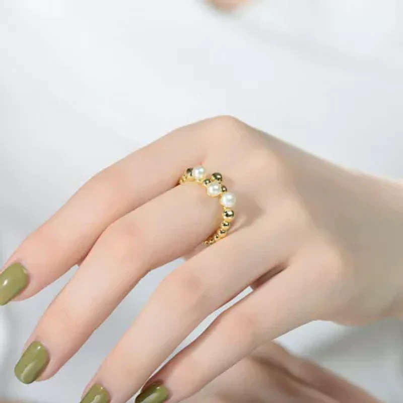 Lab Created Sterling Silver 14K Gold Plated with White Genuine Freshwater Pearl Bypass Ring