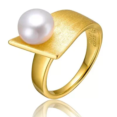 Lab Created Sterling Silver 14K Gold Plated with White Genuine Freshwater Pearl Linear Ring