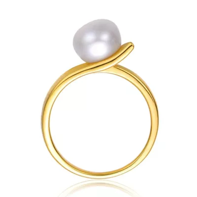 Lab Created Sterling Silver 14K Gold Plated with White Genuine Freshwater Pearl Linear Ring