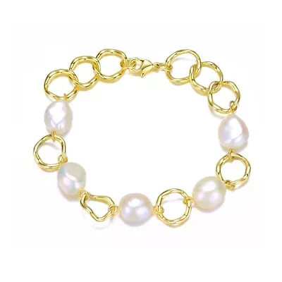 Lab Created Sterling Silver with White Genuine Freshwater Pearl Chain Bracelet