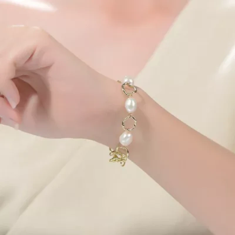 Lab Created Sterling Silver with White Genuine Freshwater Pearl Chain Bracelet