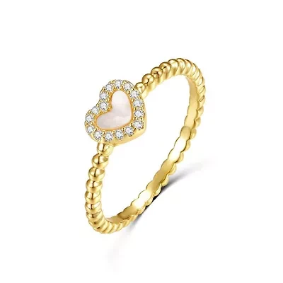Lab Created 14K Gold Plated with Mother of Pearl & Cubic Zirconia Beaded Band Promise Stacking Ring for Kids/Teens