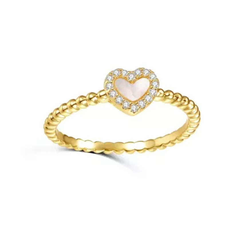 Lab Created 14K Gold Plated with Mother of Pearl & Cubic Zirconia Beaded Band Promise Stacking Ring for Kids/Teens