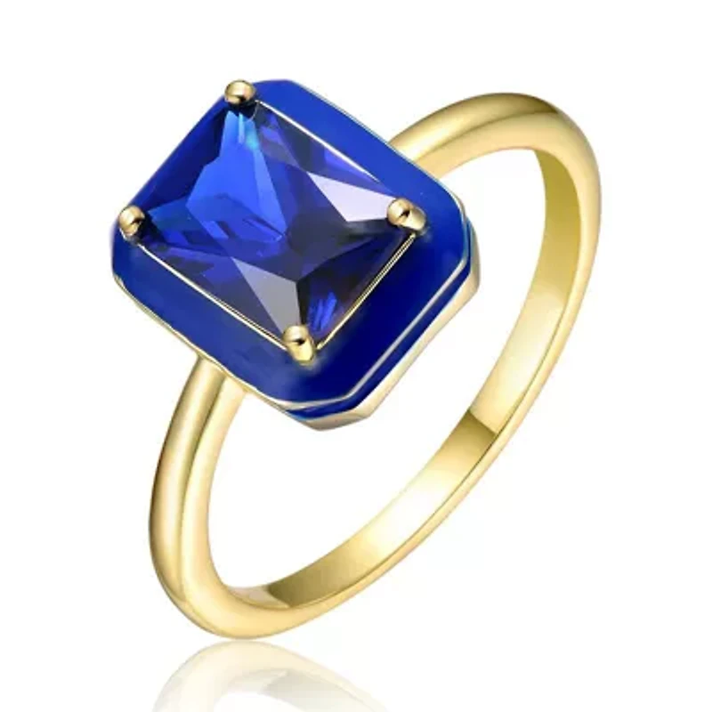 Lab Created 14K Gold Plated with Sapphire Blue Cubic Zirconia & Enamel Radiant Solitaire Ring