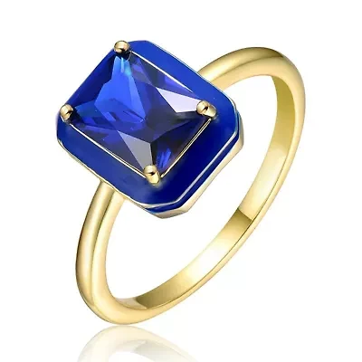Lab Created 14K Gold Plated with Sapphire Blue Cubic Zirconia & Enamel Radiant Solitaire Ring