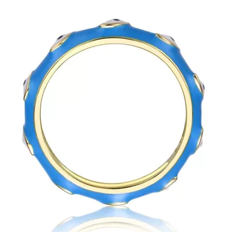 Lab Created 14K Gold Plated with Blue Bamboo White Evil Eye Enamel Slim Stacking Band Ring for Kids/Teens